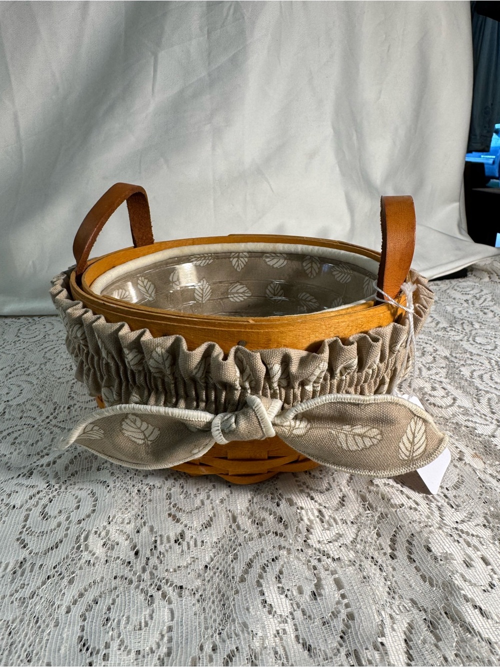 1997 Longaberger Round Woven Basket With Grey Botanical Liner and Plastic Liner